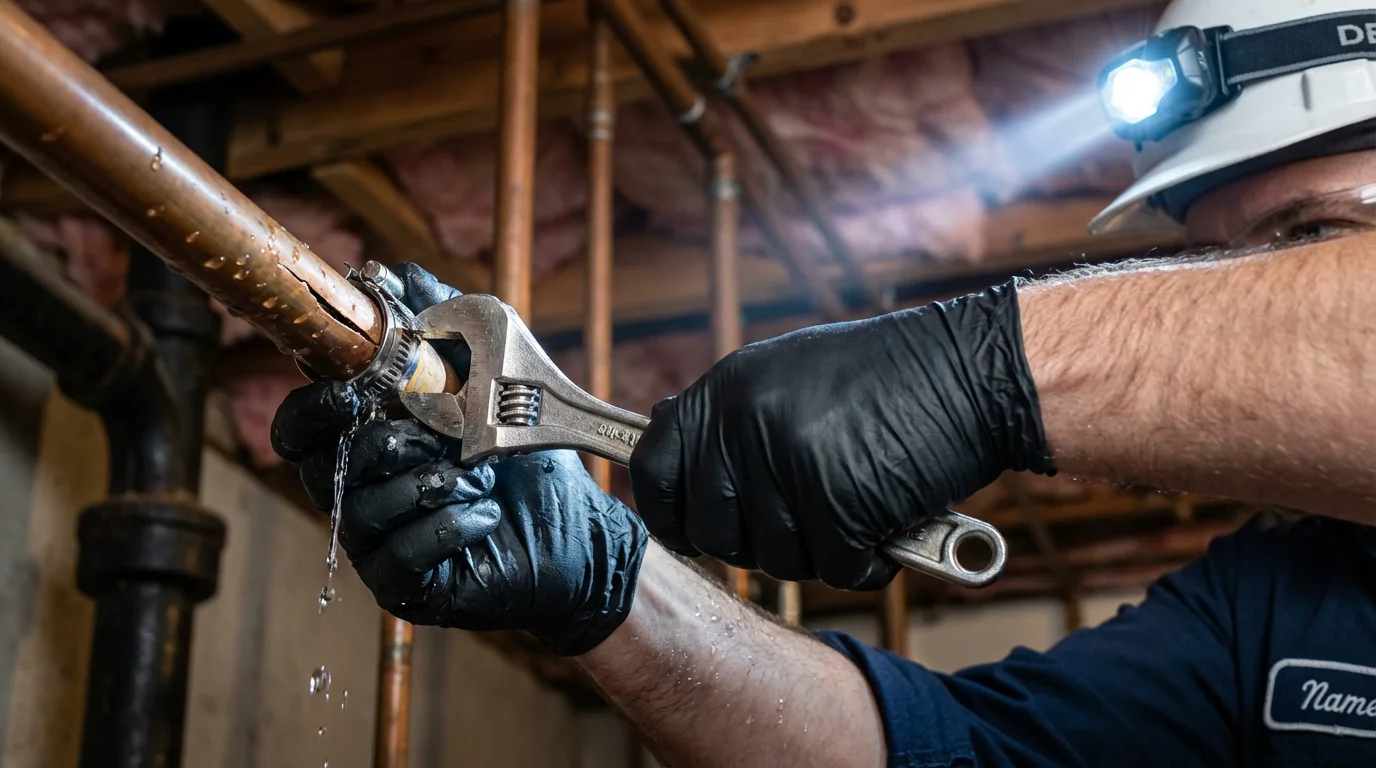 Emergency pipe clamp repair being performed by a Johns Plumbing LLC plumber in Conrad