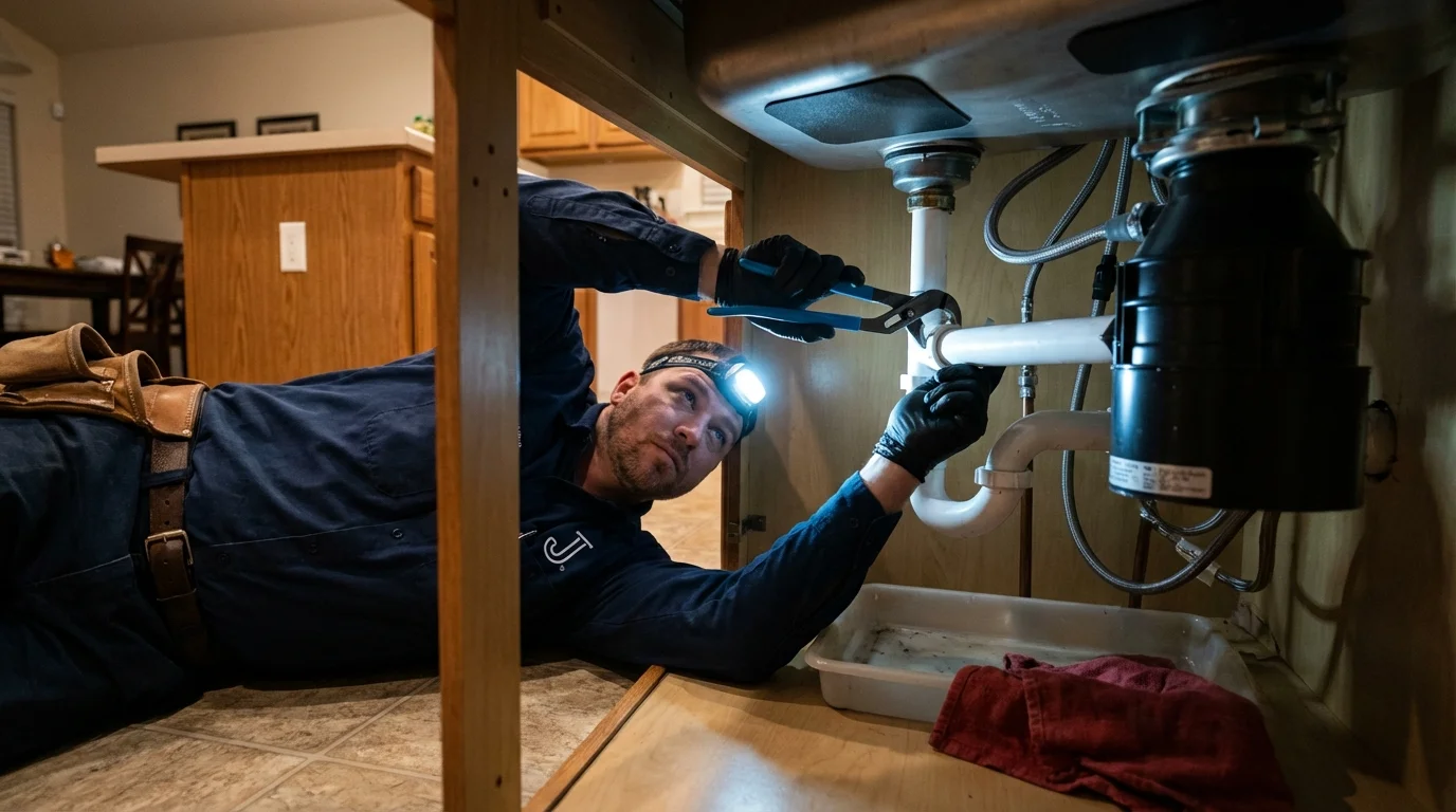 P-trap and supply line connections under a kitchen sink showing a common leak point in Conrad, MT